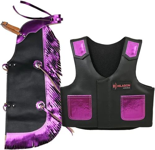 Vista 13 de HILASON Chaleco protector de cuero para equitación de toro juvenil, Chaparreras cortas para montar en toro negro con púrpura Chaparreras