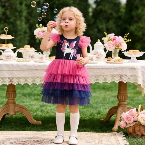Vista 4 de DXTON Toddler Girls Tutu Dress: Cotton Bodice Layered Tulle Skirt, Mermaid Sparkle Birthday Party Dress for Kids 3–8 Years