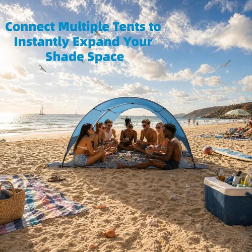 Vista 7 de Toldo para sombrilla de playa mejorado 2026 con protección UV UPF 50+, tienda de playa portátil para sol, ventilación de 360°, 4 bolsas de arena