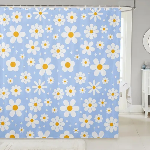 Vista 25 de Cortina de baño de flores de margarita para niños y niñas, cortina de ducha floral para decoración de baño, 72 x 72 pulgadas, retro, floral