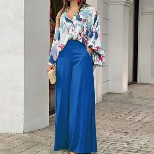 Vista 2 de ThusFar Conjunto casual de dos piezas para mujer conjunto de camisa con botones y pantalones largos de pierna ancha palazzo