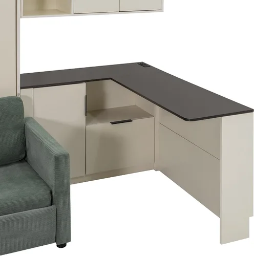 Vista 5 de Cama Murphy de Pared Tamaño Queen con Escritorio en Forma de L, Sofá de 2 Asientos y Luz, Marco de Cama Murphy Tradicional de Madera Maciza
