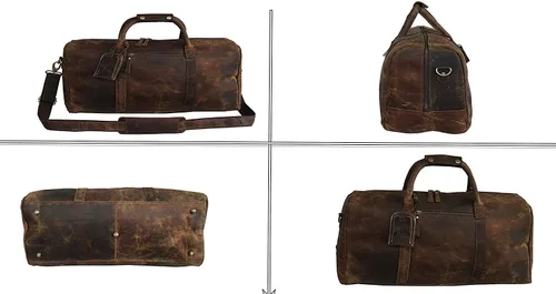 Vista 6 de 24 pulgadas cuero Duffel Bolsas para hombres y mujeres completo grano cuero viaje durante la noche fin de semana Bolsas de cuero deportes gimnasio