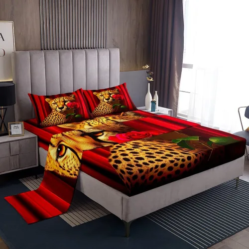 Vista 26 de Erosebridal Sábanas de cama de guepardo con rosa roja, juego de sábanas de bolsillo profundo con estampado de leopardo y gato, sábana bajera