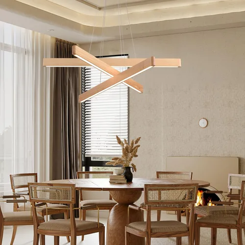Vista 7 de Lámpara colgante lineal natural de madera maciza de 3 luces, moderna lámpara colgante LED regulable, candelabro para mesa de comedor, isla