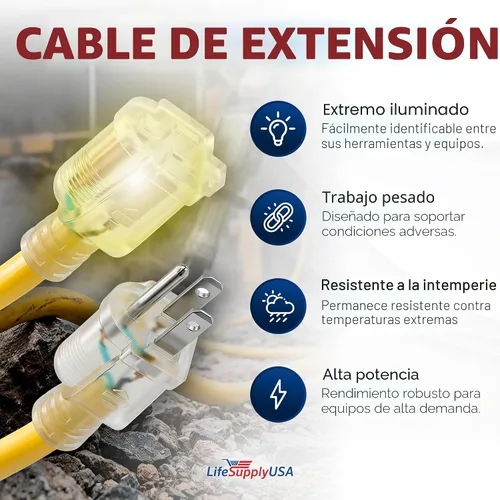 Vista 2 de Cable de extensión SJT de 12/3 300 V con luz LED para uso en interiores y exteriores con enchufe con iluminación LED Amarillo