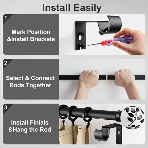 Vista 7 de Ceramic Black Curtain Rods for Windows 16 to 60 Inches Drapery Rods Adjustable Length Extendable Heavy Duty 1" Diameter iron Window Modern