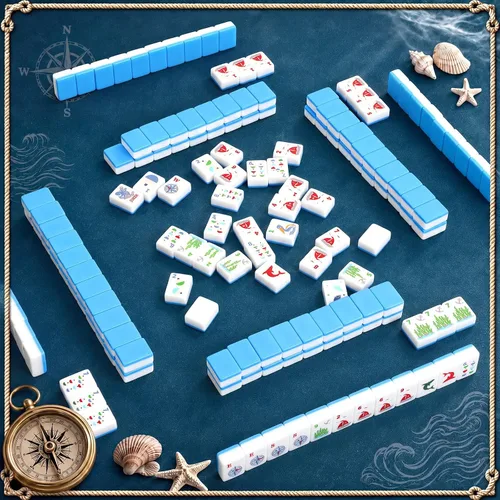 Vista 7 de Juego de azulejos Mahjong azul americano grabado con temática