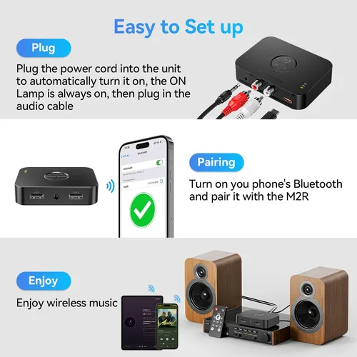 Vista 7 de M2R - Receptor Bluetooth 5.4 para adaptador RCA para estéreo/altavoz/altavoz con cable/sistema estéreo de transmisión de música para el hogar