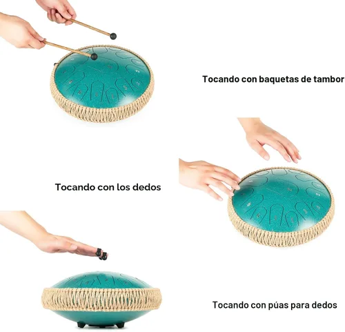 Vista 4 de HOPWELL Tambor de Lengua de Acero - 13 Pulgadas 15 Notas Tambor de Lengua - Tambor Handpan con Libro de Música, Mazos para Tambores Handpan y Bolsa
