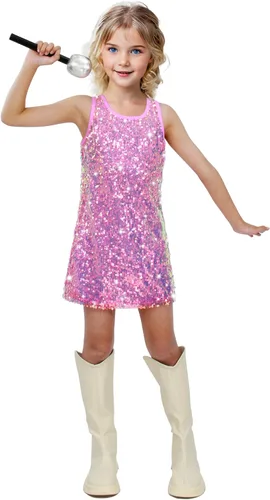 Vista 9 de Vestido de lentejuelas para niñas, sin mangas, con purpurina, disfraz para graduación, concierto, fiesta con accesorio de micrófono de purpurina