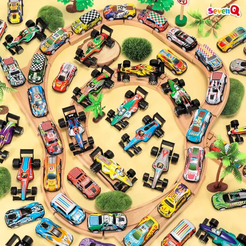 Vista 2 de SevenQ Coches de juguete para niños con caja de almacenamiento, 67 unidades de autos de carreras a granel, juguetes de caja del tesoro para el aula