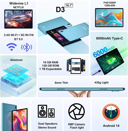 Vista 2 de DMOAO Tableta, tabletas de 10.1 pulgadas, tableta Android 14 con 18 GB de RAM+128 GB de ROM/1TB Expand, CPU Octa-Core 1.8GHz, batería de 6000 mAh