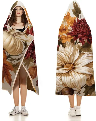 Vista 3 de Manta con capucha de hojas y calabazas de otoño para el día de Acción de Gracias, manta gruesa de franela para niños, adolescentes y adultos