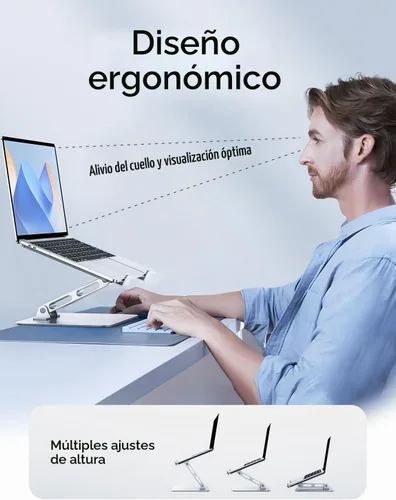 Vista 2 de Soporte ergonómico ajustable para computadora de escritorio, soporte plegable para computadora, atril de aluminio estable, soporte para portátil
