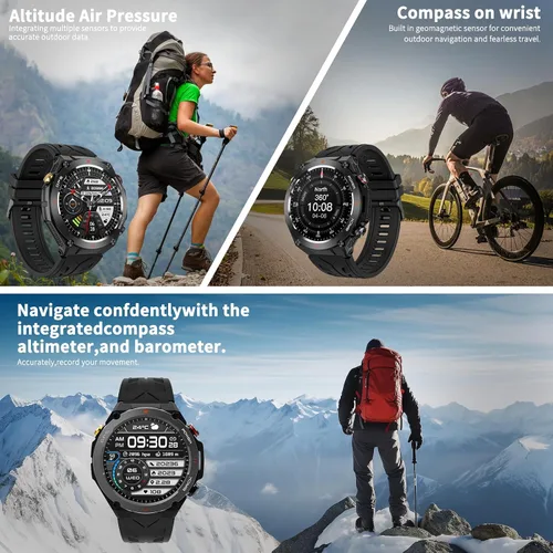 Vista 4 de Reloj inteligente militar con GPS, presión/altitud/brújula, reloj inteligente resistente para hombres con batería extragrande de 650 mAh