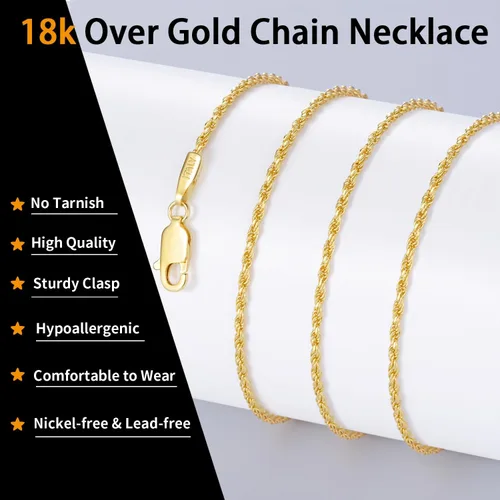 Vista 2 de Jewlpire Collar de cadena de plata de ley 925 maciza de 18 quilates para mujeres y niñas, cadena de cuerda de 0.069 pulgadas, cadena italiana