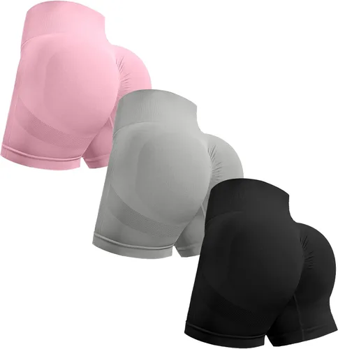 Vista 21 de Ovesport 3 piezas de pantalones cortos de entrenamiento para mujer, sin costuras, con levantamiento de glúteos, cintura alta, para yoga, gimnasio