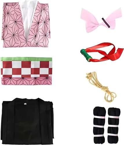 Vista 4 de Kaherdin Conjunto completo de disfraz de Kamado para mujer, kimono, anime, cosplay, conjunto completo con peluca