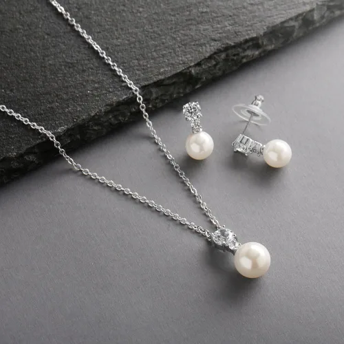 Vista 6 de Mariell Juego de collar y aretes de boda de circonita cúbica y perlas de marfil para damas de honor y novias Metal Gema Perla de imitación Circonita