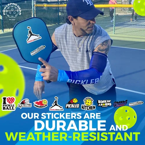 Vista 5 de Juego de calcomanías de pickleball – 9 divertidas calcomanías de vinilo + 10 pulseras de primer servidor – Accesorios de pickleball y regalos