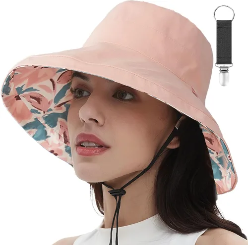 Vista 16 de vidsel Sombreros de sol para mujer, de ala ancha, reversible, de algodón, plegable, de verano, con clip para sombrero, protección UV Beige
