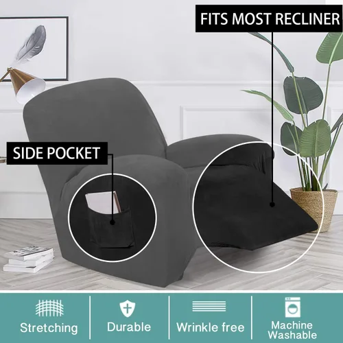 Vista 2 de Turquoize Fundas de terciopelo para sillón reclinable con bolsillo, 1 funda de terciopelo para muebles reclinables con parte inferior elástica Negro