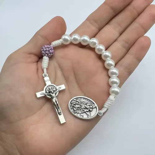 Vista 2 de One Decade Simple Catholic Rosary Chaplet Colorful Prayer Beads Patron Saint Medal St Michael Padre Pio