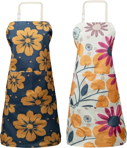 Vista 8 de LOLOMLO 2 Pack Floral Apron for Women with Pockets, Water Resistant Adjustable Neck Strap, Apron for Gardening
