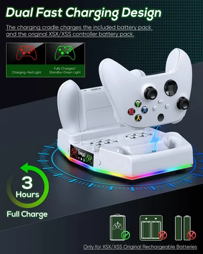 Vista 5 de Soporte de refrigeración y estación de carga para Xbox Series S con tira de luz RGB, cargador dual de controladores y ventilador enfriador
