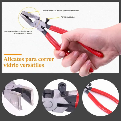 Vista 4 de Juego de 3 alicates de vidrio de alta calidad y cortador de clase, herramienta de corte de vidrio resistente con punta de goma, funciona muy bien
