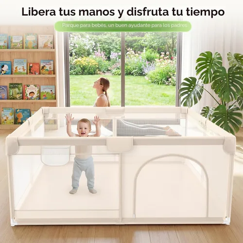 Vista 2 de Corralito para bebés y niños pequeños, 79 x 71 pulgadas, corralito de juego extragrande con cubierta de malla suave y transpirable, corral