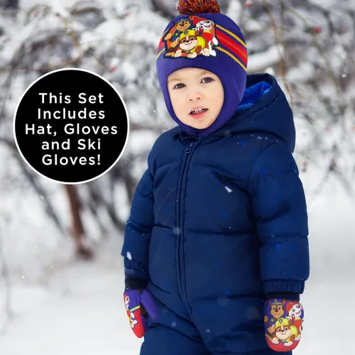 Vista 2 de Nickelodeon Paw Patrol - Gorro de invierno para niños pequeños con guantes de punto y guantes de esquí aislados, para niños de 2 a 4 años, Paw Patrol