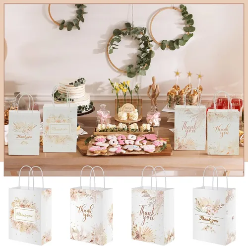 Vista 5 de 16 bolsas de regalo de agradecimiento con diseño floral de 6 x 3 x 8 pulgadas, pequeñas bolsas de papel con asas, bolsas de regalo bohemias