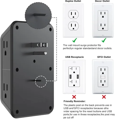 Vista 8 de Regleta de pared con cargador USB, protector contra sobretensiones con 4 puertos USB (2 USB C), extensión de enchufe, múltiples salidas, extensión