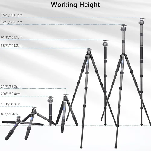 Vista 7 de Trípode profesional de fibra de carbono resistente CS901C con bola de 2.047 in, cabeza de trípode de perfil bajo, monopie desmontable, compacto