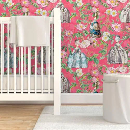 Vista 6 de Papel tapiz para despegar y pegar, flores francesas, rosas, jardín, rosa, estilo vintage, siglo botánico, flores para niñas, papel tapiz extraíble