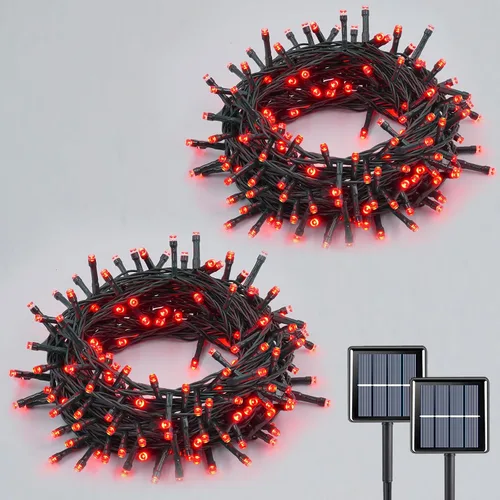 Vista 13 de QITONG Paquete de 2 tiras de luces solares blancas, 100 luces LED solares para exteriores de 33 pies, impermeables, 8 modos, alambre verde, luz