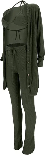 Vista 3 de imbpceu Conjunto sexy de 3 piezas para mujer, cárdigan con botones frontales, brasier triangular, cordón y dobladillo dividido con bolsillo