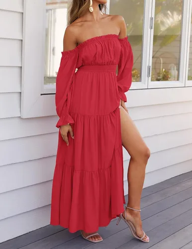 Vista 32 de ZESICA - Vestido largo, bohemio y sexy, con hombros descubiertos y manga larga fruncida, con elástico fruncido, cintura alta y abertura lateral