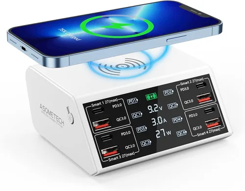Vista 6 de Cargador USB, ASOMETECH 100 W, 8 puertos, estación de carga USB múltiple con 4 puertos de carga rápida 3.0, 4 puertos USB C PD, cargador Negro