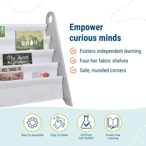 Vista 4 de Wildkin Estantería para niños, almacenamiento moderno de madera con 4 estantes y asas de tela, organizador para el hogar o el aula, gris y blanco