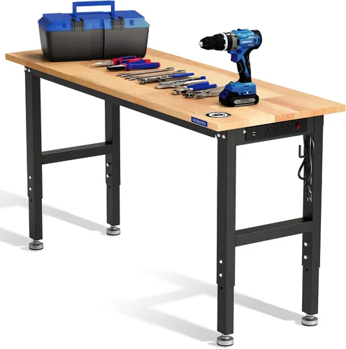 Vista 7 de WORKPRO Banco de trabajo de garaje ajustable, escritorio de trabajo resistente con parte superior de madera de goma de 48 x 22 pulgadas, con tomas