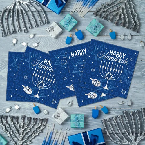 Vista 3 de Honoson 100 servilletas de Hanukkah de Janucá, servilletas desechables de papel, servilletas de cóctel para invitados, servilletas de cena