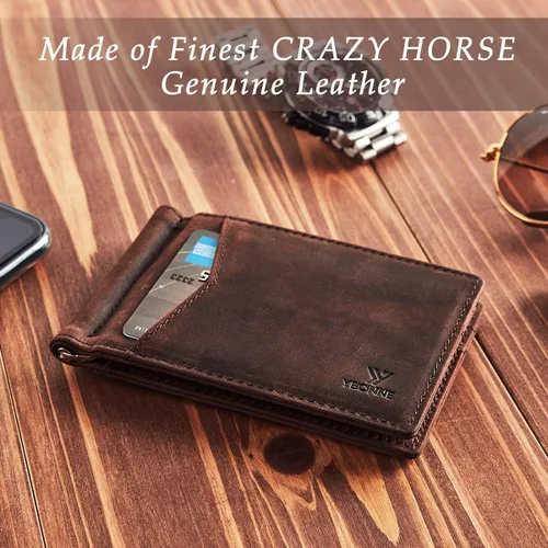 Vista 2 de YBONNE - Cartera fina con clip para dinero, de cuero auténtico, bloqueo RFID, minimalista