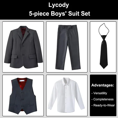 Vista 2 de Traje de esmoquin formal de 5 piezas para niños y adolescentes
