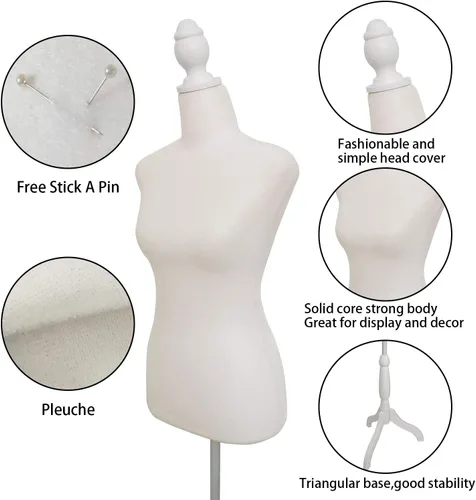 Vista 3 de Maniquí de torso femenino con soporte de trípode ajustable para exhibición de vestidos y joyas (beige)