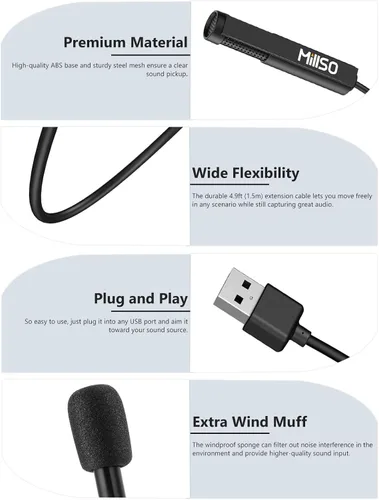 Vista 9 de MillSO Micrófono USB para PC, Plug & Play, omnidireccional externo Lavalier Mini micrófono USB para computadora, laptop, YouTube, reunión