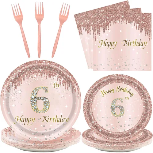 Vista 18 de 24 juegos de decoración de cumpleaños de oro rosa para niñas 1 juego de platos y servilletas y tenedores suministros de fiesta para niños de 1 año