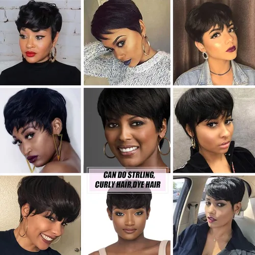 Vista 5 de Pelucas de cabello humano con corte Pixie para mujeres negras, 100% cabello humano, pelucas cortas Pixie para uso diario en fiestas (1B)